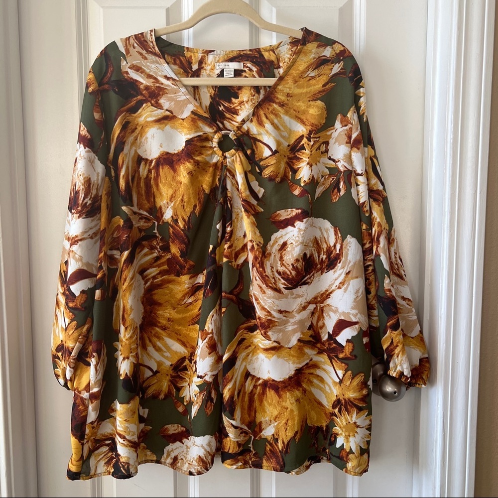 Cato emerald green & yellow floral 3/4 sleeve blouse